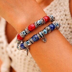 Turkish Evil Eye Red & Blue Beaded Bracelet Set